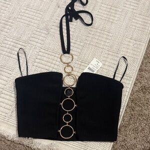 Windsor Black Halter Crop Top with Gold Ring Detail
